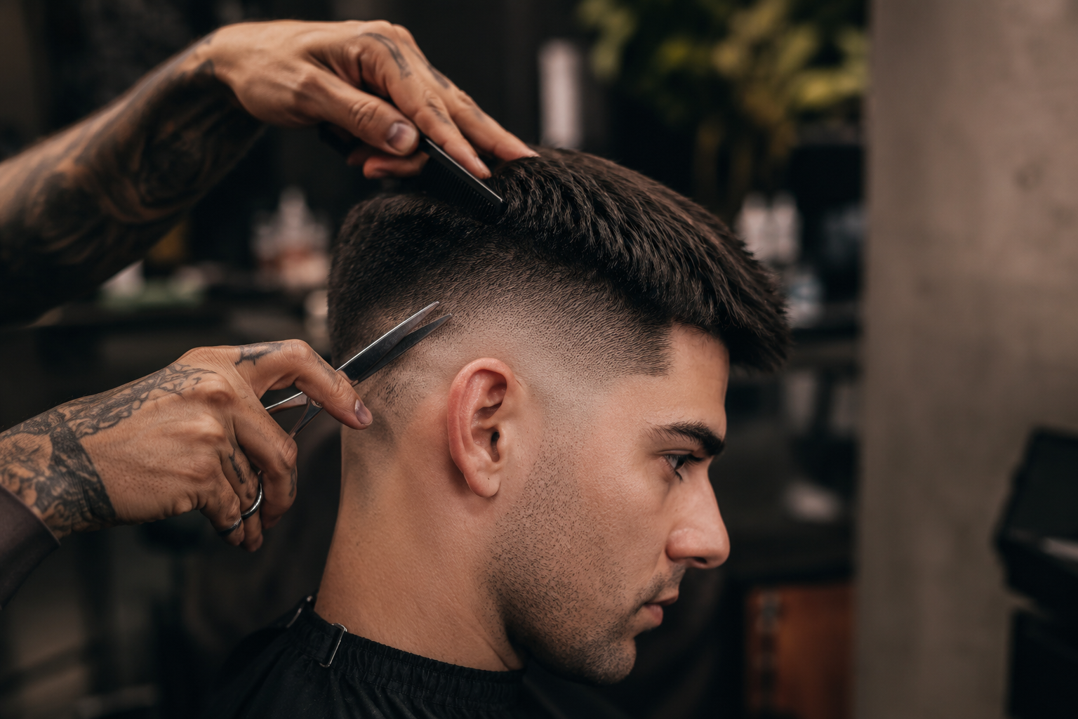 Resultado final de corte fade en Distrito Barber Detalle del corte final fade realizado en Distrito Barber, mostrando textura, limpieza y acabado profesional