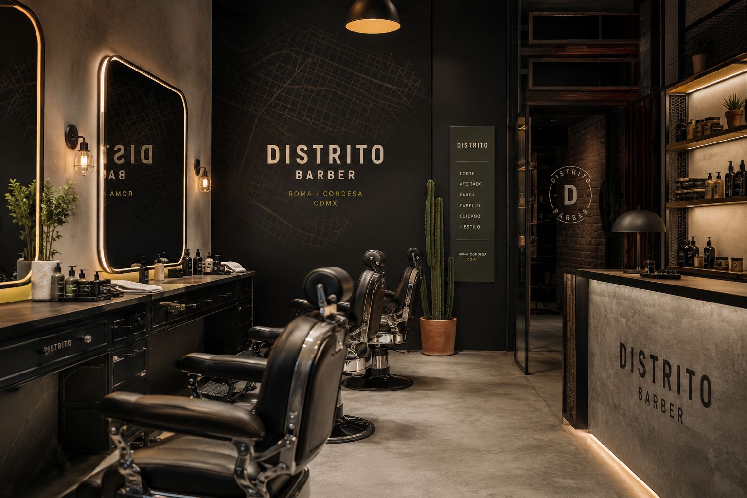 Interior de Distrito Barber | Barbería urbana en CDMX Interior urbano de Distrito Barber con estaciones de trabajo, espejos y ambiente premium en Roma Norte, CDMX