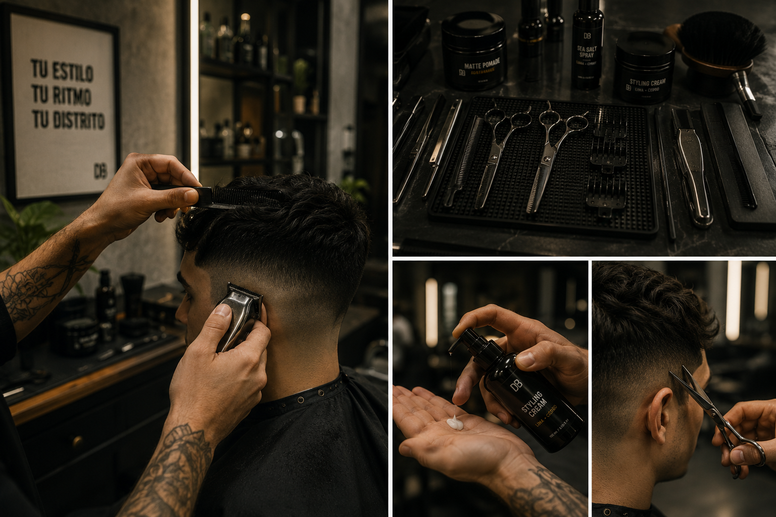 Proceso de grooming en Distrito Barber Herramientas de barbería y proceso de grooming en Distrito Barber, con enfoque en precisión y detalle