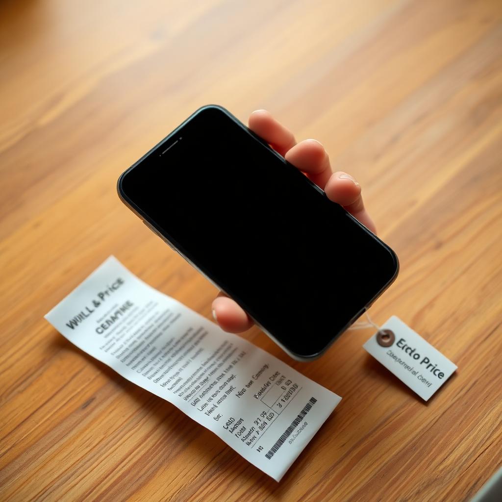 Mano sosteniendo un teléfono junto a un recibo y una etiqueta de promoción sobre una mesa de madera